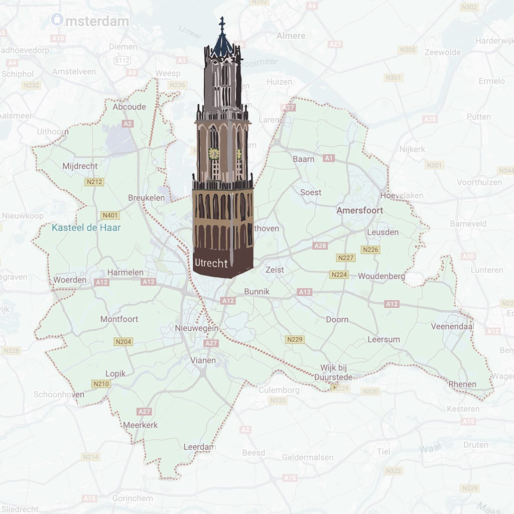 inzoom op de provincie Utrecht om de stad Utrecht heen met een illustratie van de dom