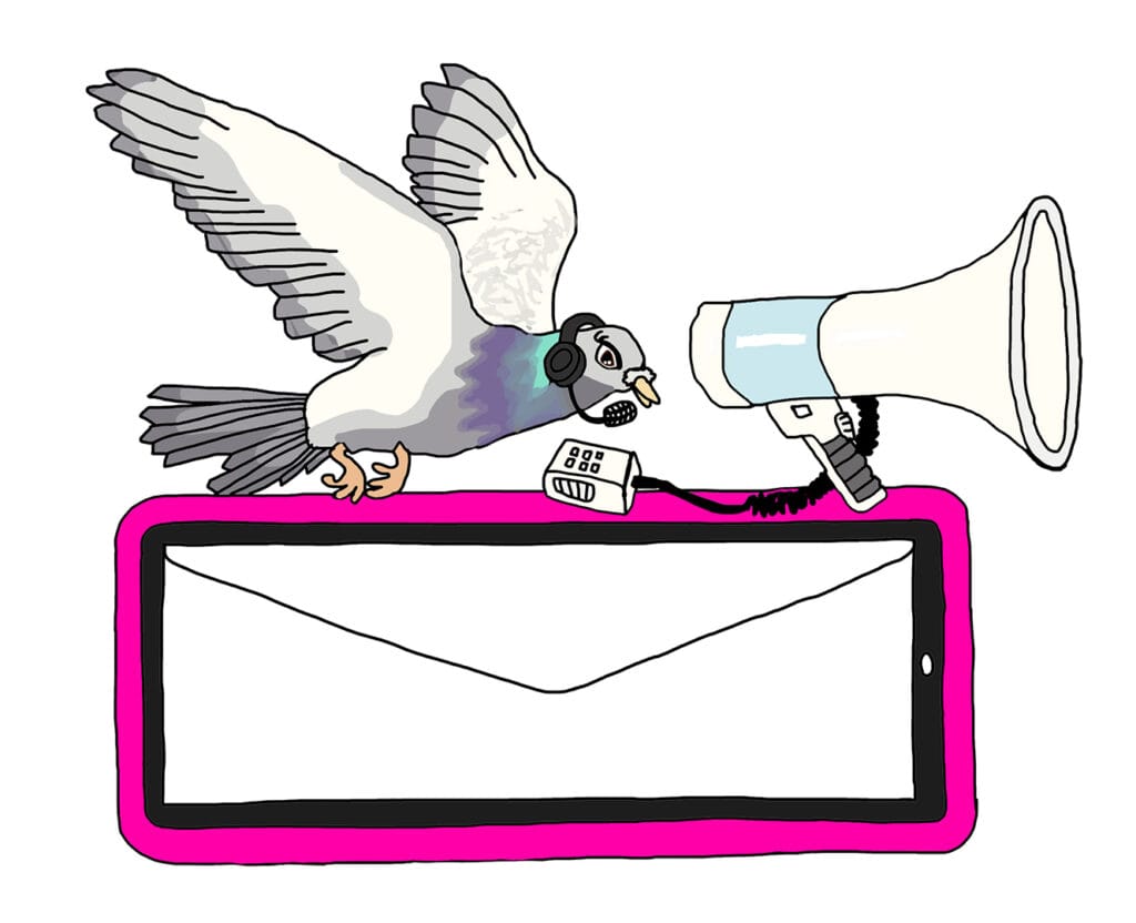 illustratie van een postduif met een headset en een megafoon. op een smartphone met een envelop in beeld contact schilder in Utrecht.