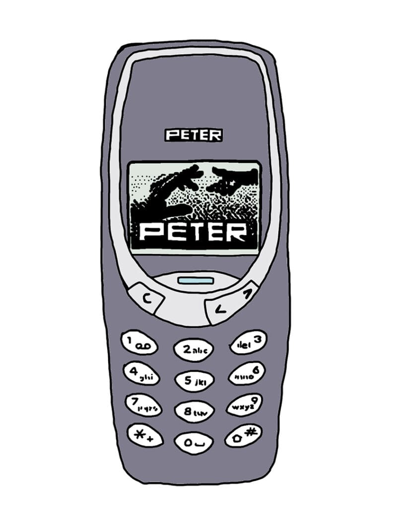 illustratie van een nokia 3310 met in het scherm twee handen die elkaar ontmoeten en de naam Peter